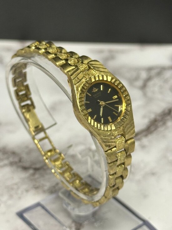 Vintage Seiko Watch Women Gold Tone Black Dial V401-0920 New Battery 7\